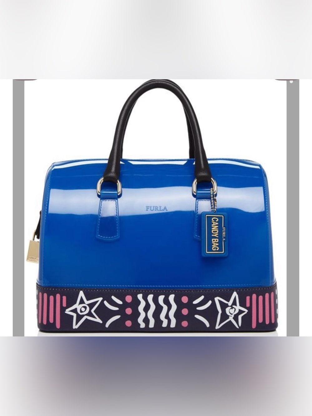 Furla Candy Bag Blue Jelly Satchel Boston Bag Rare Graphic Print Made in Italy